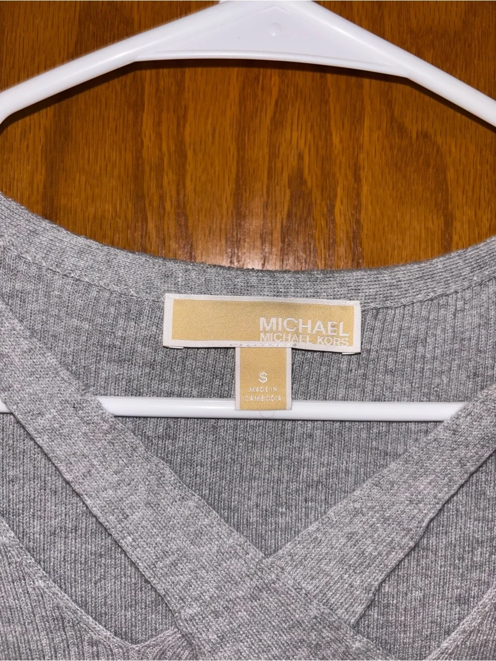 Michael Kors Light Gray Ribbed Crisscross Neck Sweater